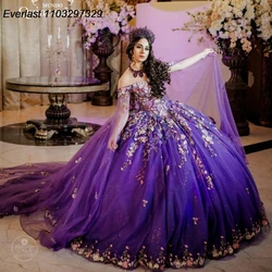 EVLAST Customized Purple Quinceanera Dress Ball Gown Colorful Floral Applique Beading Cape Sweet 16 Vestido De 15 Anos TQD988