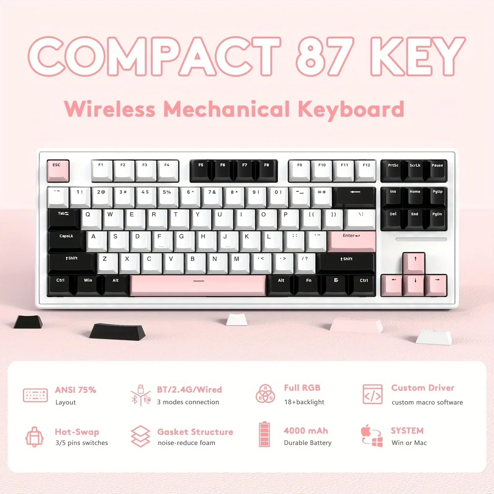 

Mechanical Gaming Keyboard, RGB Backlit Compact Hot-Swappable Wireless Keyboard, Gasket Programmab