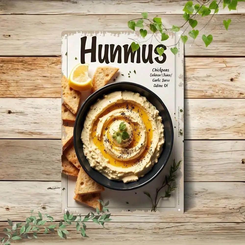 Póster vintage con receta de hummus - Arte plano 2D de Oriente Medio con tahini, ajo y aceite de oliva para decoración de pared