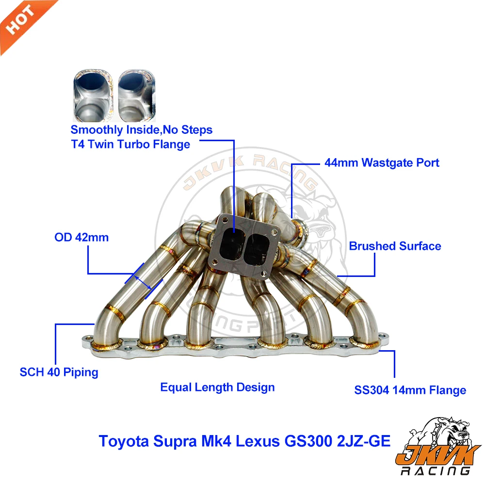 

JKVK RACING T4 twin scroll Equal Length SS304 3mm Steam Pipe Turbo Header Manifold for Supra MK4 2JZGE 2JZ GE With 44mm WG
