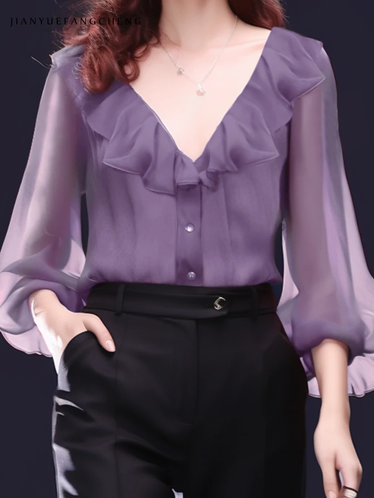 Sexy Deep V-neck Lantern Sleeve Purple Chiffon Top Women Spring Summer Loose Plus Size Casual Blouses Female Ruffles Shirts