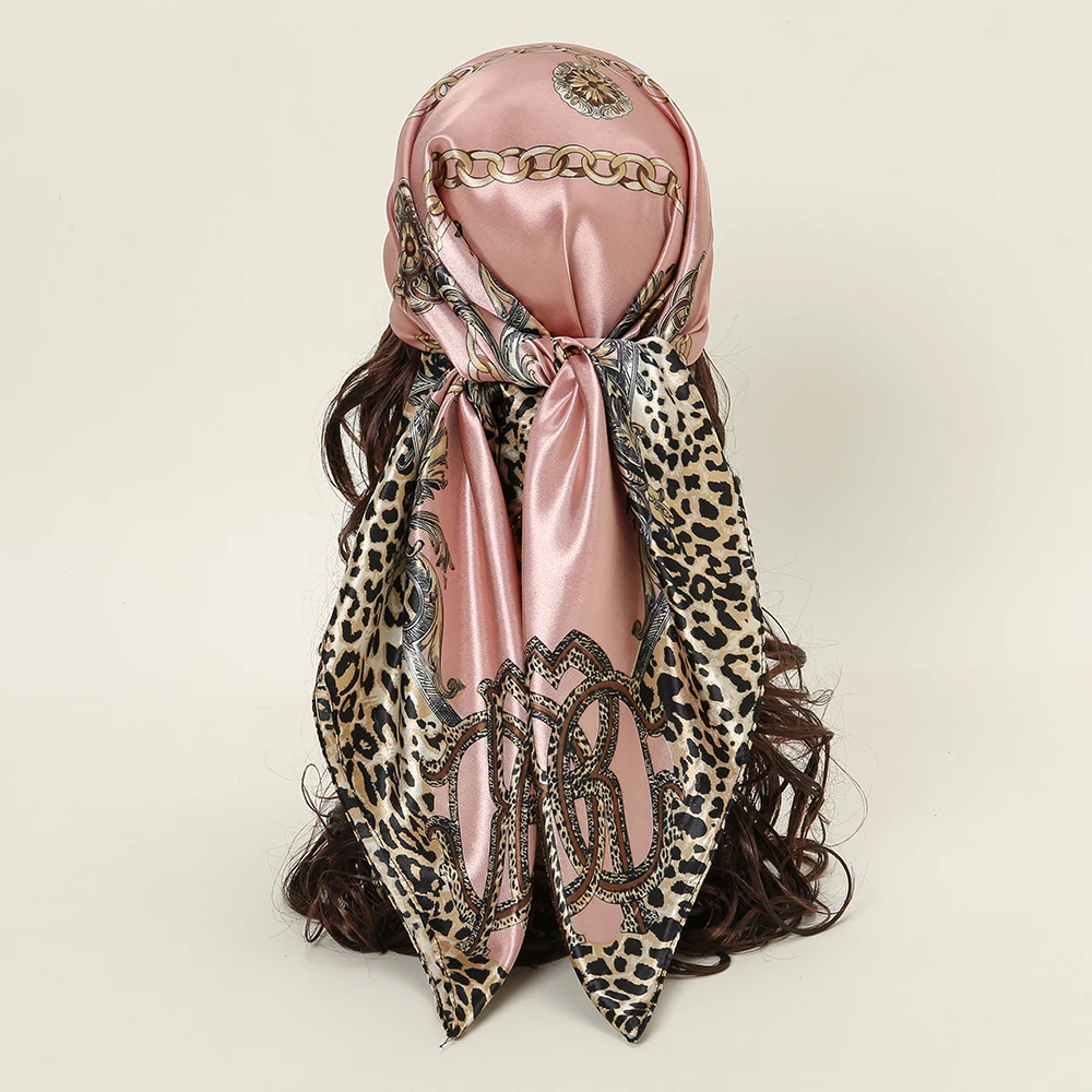 Hotsale Leopard Print Square Scarf Bandana Wrap Silk Satin Muslim Hijab Soft Headscarf Party Hairband Foulard Bag Ribbon Turban