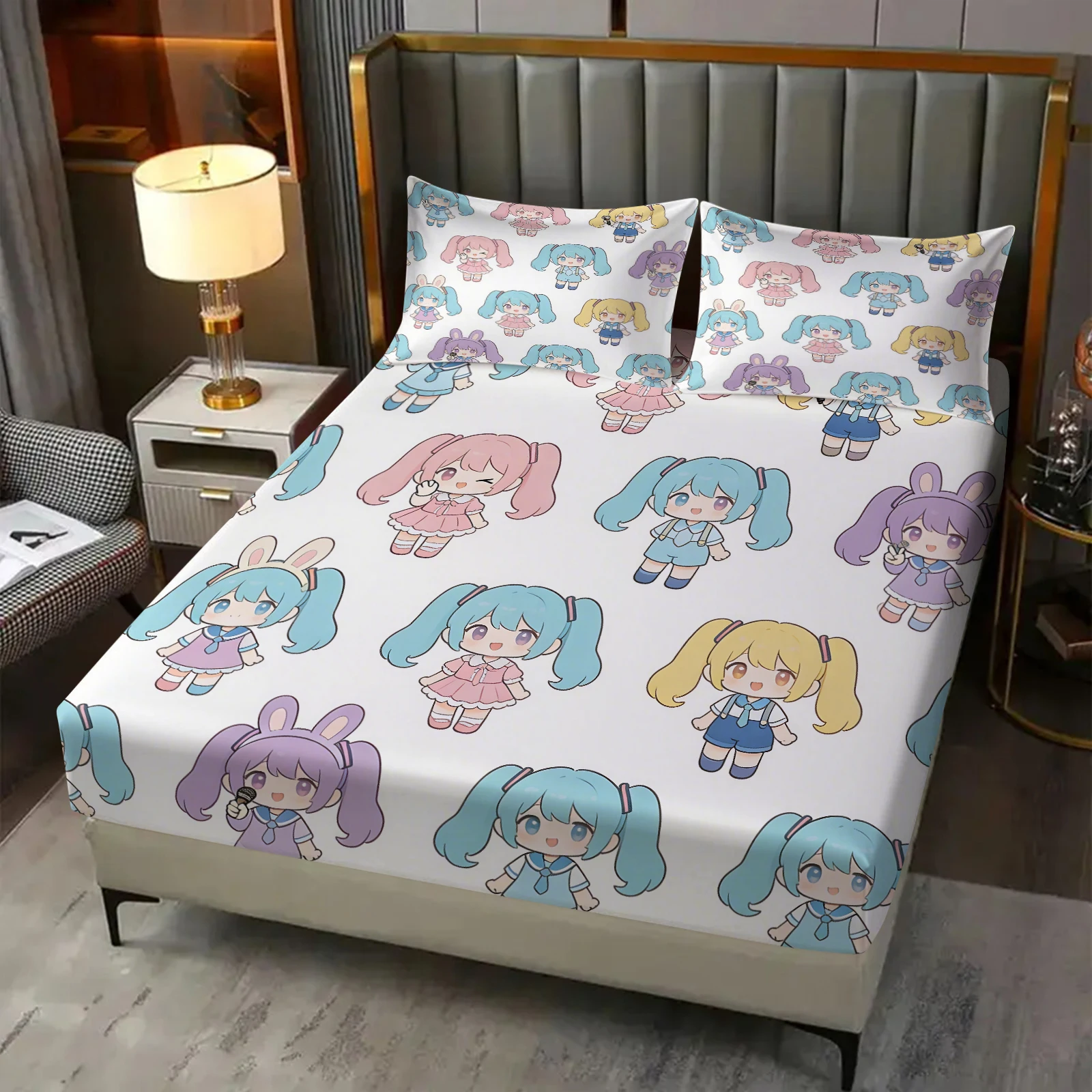 Hatsune Miku Futuristischer Tech-Anzug Spannbettlaken-Set Anime Sci-Fi Bettbezug mit Kissenbezügen Tiefe Taschen Fan-Zimmer-Deko Geschenk – Detail 14