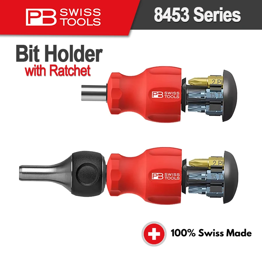 

PB SWISS 6 in 1 Stubby Ratchet Screwdriver Pocket Tool Ratchet Handle with Integrated Bit Magazine and 6 Precision Bits 8453