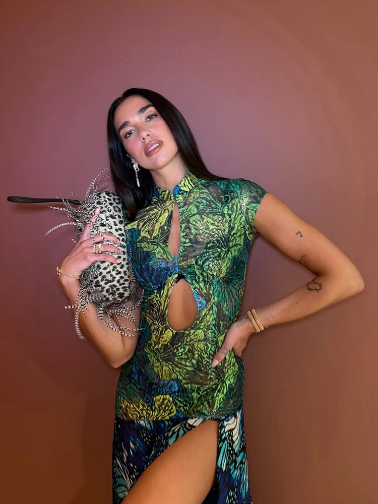

2026 Summer Jungle Butterfly Print Midi Dress Mandarin Collar Cutout Waist High Slit Dress Festival Night Out Wear Women Vestido