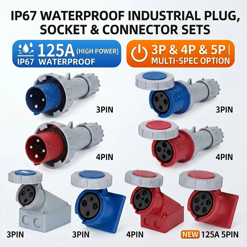 

125A High Power IP67 Waterproof Industrial Plug Socket Connector Set 3P 4P 5P 220V 380V 415V Heavy Duty Male Female Marine Plug