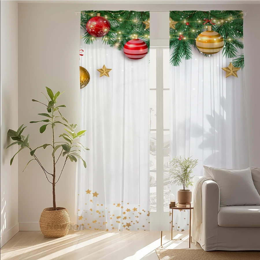 2PCS Christmas Sheer Curtains, Gold Red Ornament Garland, Digital Print, Bedroom Living Room, Rod Pocket Polyester, Home Decor
