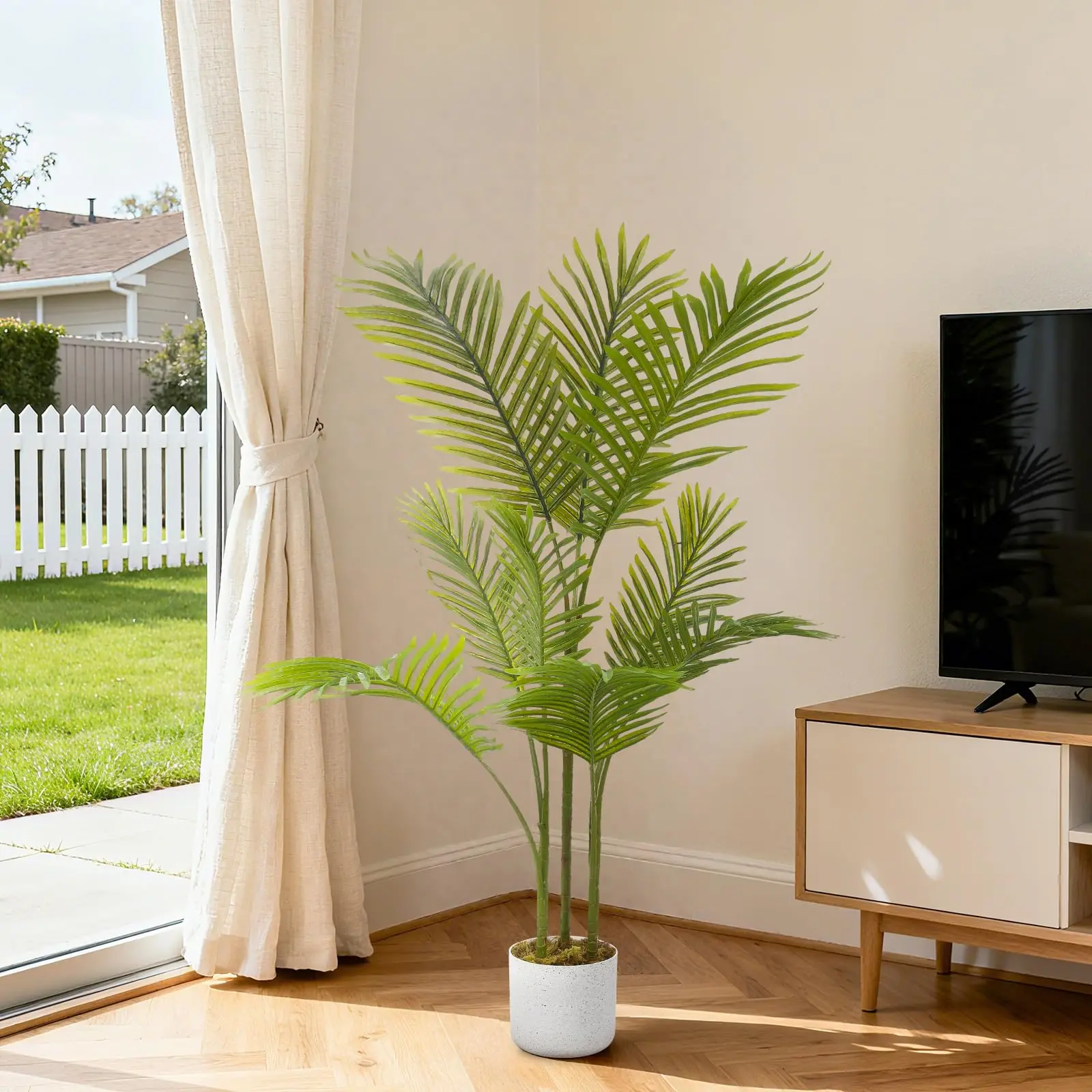 Pianta artificiale di areca in vaso dall'aspetto naturale – pianta artificiale facile da curare per interni ed esterni, fogliame verde realistico in PEVA, inclusa vaso da giardino bianco, 100–125 cm