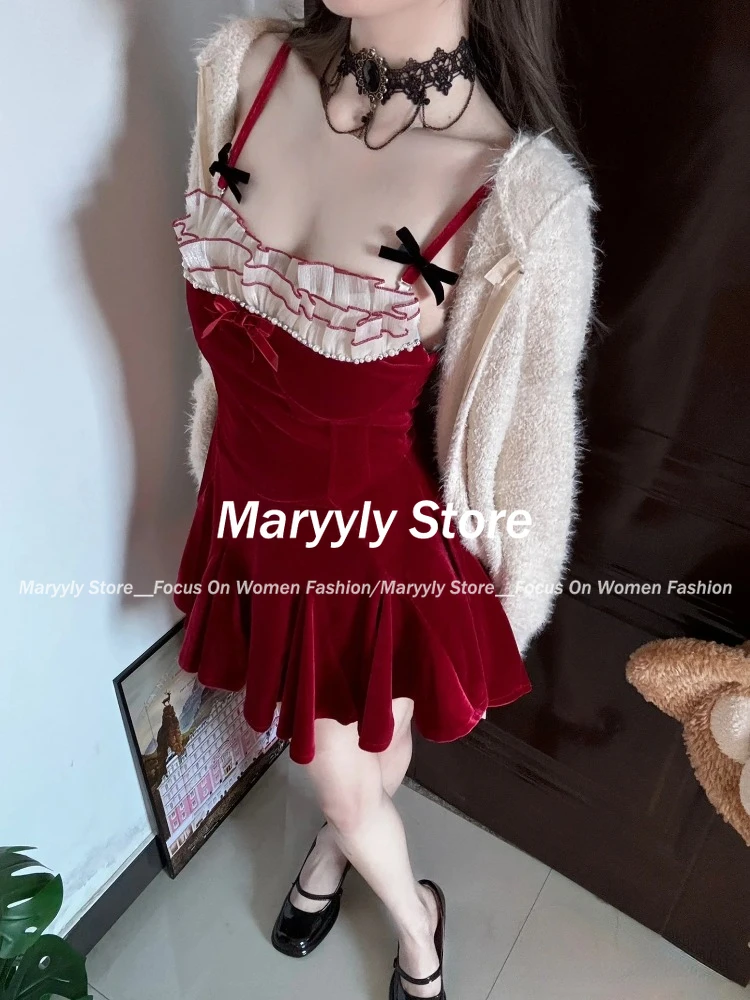 2024 New Christmas Red Elegant Evening Party Dress Women Sweet Spicy Girl Velvet Halter Dress Autumn Winter Y2k Sexy Mini Dress