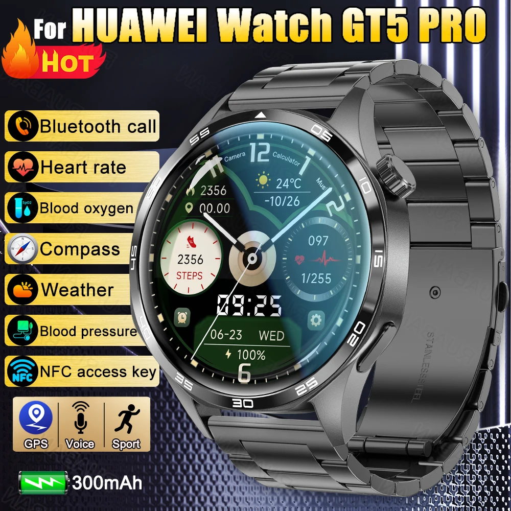 

2025 Новые умные часы для HUAWEI GT5, часы с пульсометром, компасом, GPS, спортивный водонепроницаемый браслет NFC, Bluetooth-вызовы, часы для здоровья