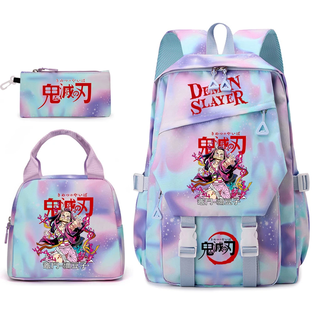

Demon Slayer Casual Daypack for Girls 3Pc Set Cartoon Print Kids Backpack Lunch Bag Pencil Case