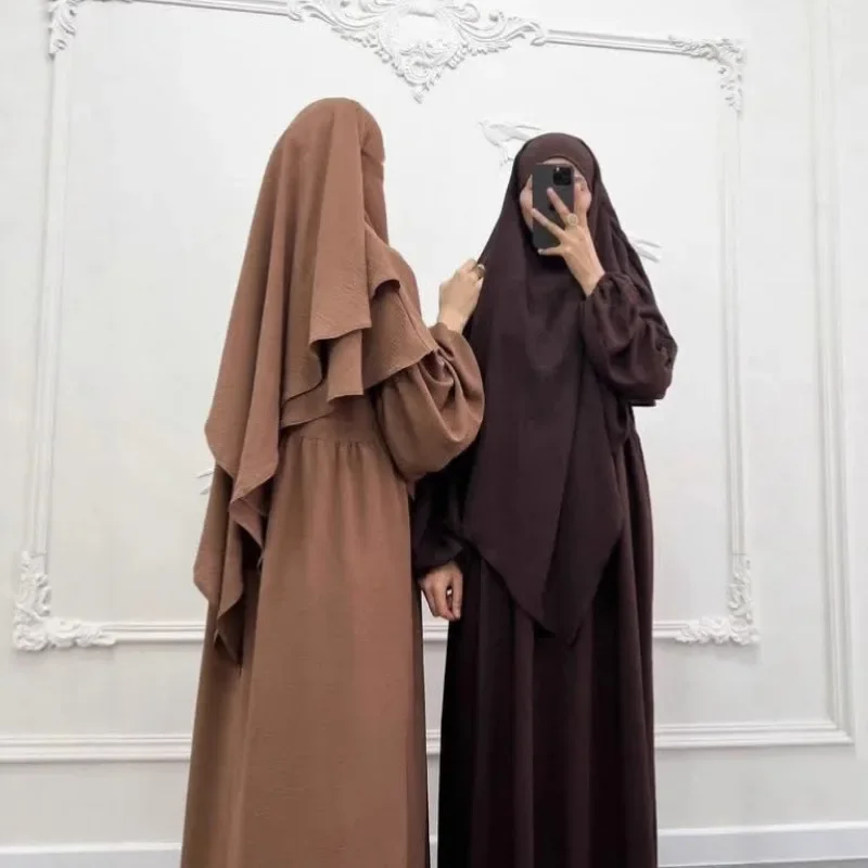 2025 travail dur musulman couleur unie mode vêtements pour femmes couleur unie plissée robe ample avec foulard couverture à deux couches P333