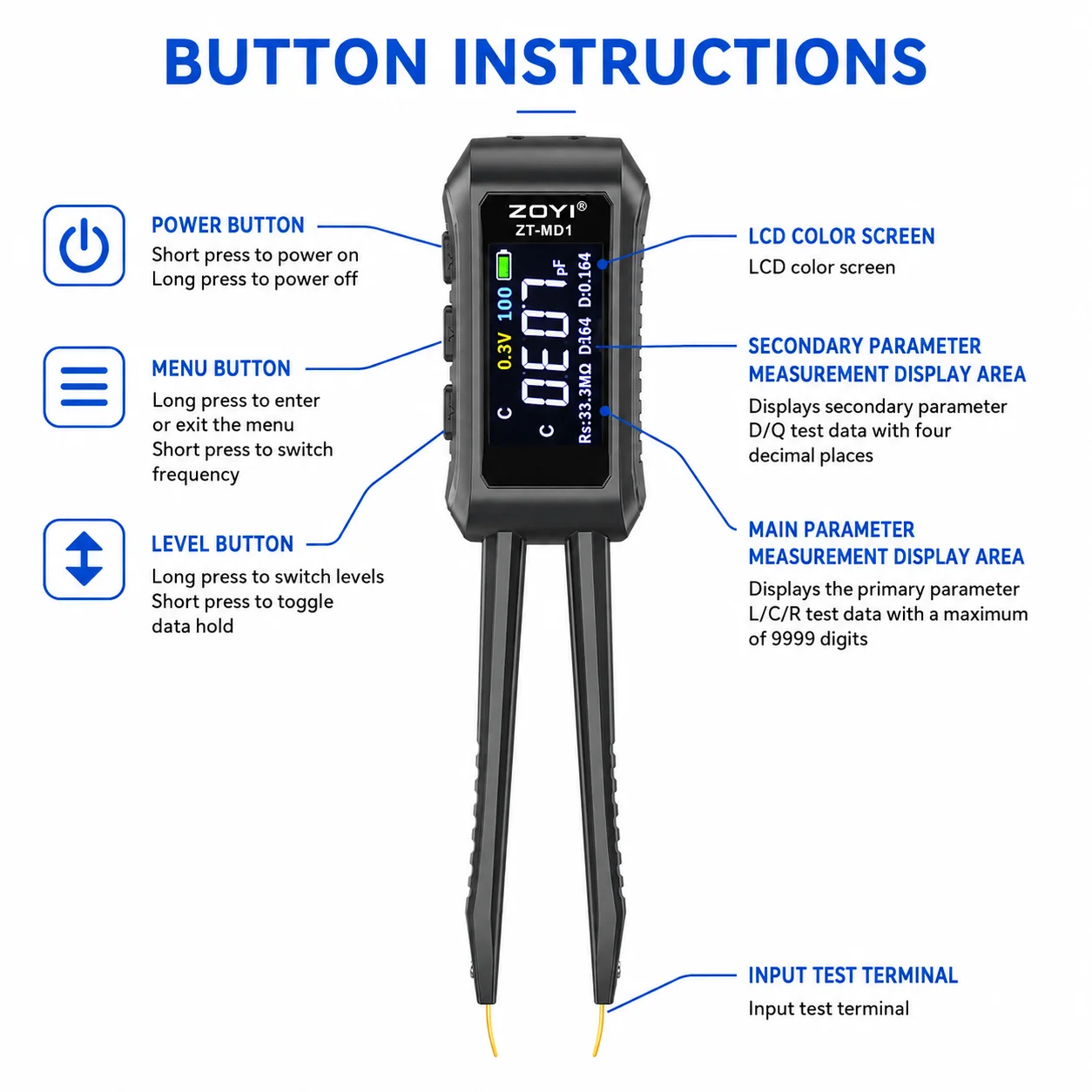 ZOYI ZT-MD1 Smart Tweezers LCR/ESR Tester for SMD Measure R C L ESR Continuity Diode Portable Repair DIY Tool