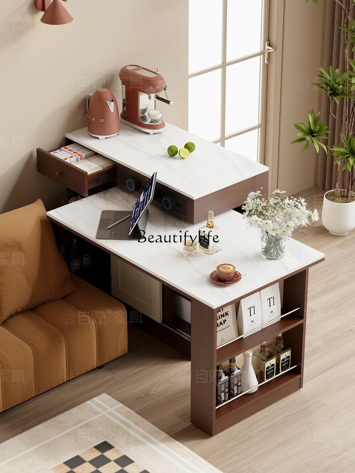 

Retro living room island dining table rotatable multi-functional mobile side cabinet with rock slab medieval furniture