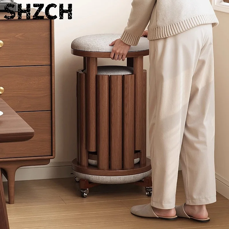 Stackable Solid Wood Round Stool 4-in-1 Mobile Nesting Bench Space Saving Dining Kitchen Seat