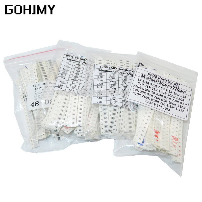 200PCS 660PCS 720PCS 4000PCS 0402 0603 0805 1206 1210 2512 SMD Resistor Kit 10K 100K 1K 1R 100R 220R 1% 5% Assorted Kit