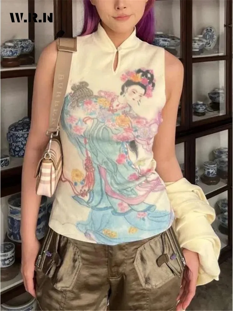 

2025 Summer Vintage Chinese Style Sleeveless Turtleneck T-Shirts For Women Fashion Casual Hand-Painted Slim Fit Tees Tops