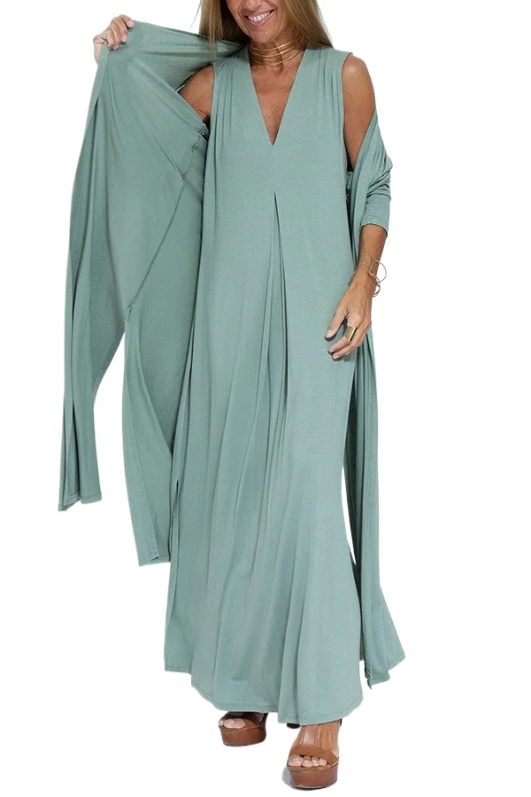 

2024 Summer Fashion New Solid Sleeveless Dress For Women Loose Casual Deep V Neck Slit Long Skirt Elegant Lady Tank Top Dress