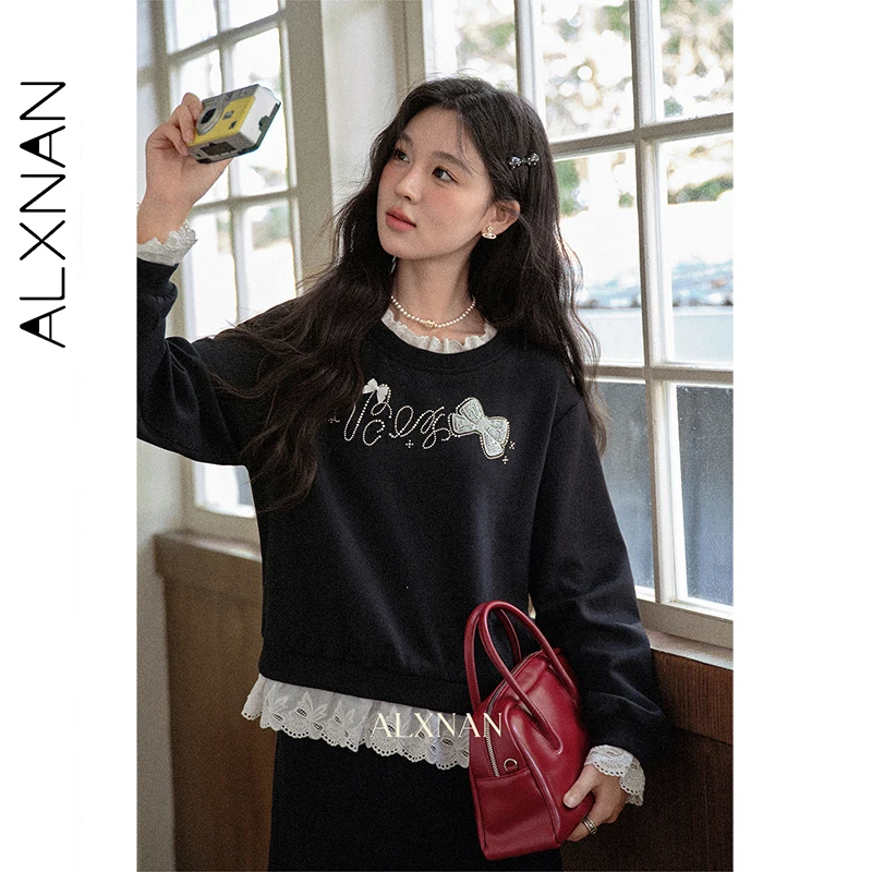 ALXNAN Women's Black Sweatshirt Round Neck Long Sleeve Hoodies Autumn Lace Stitching Bow Beading Design Loose-fit Top L569118