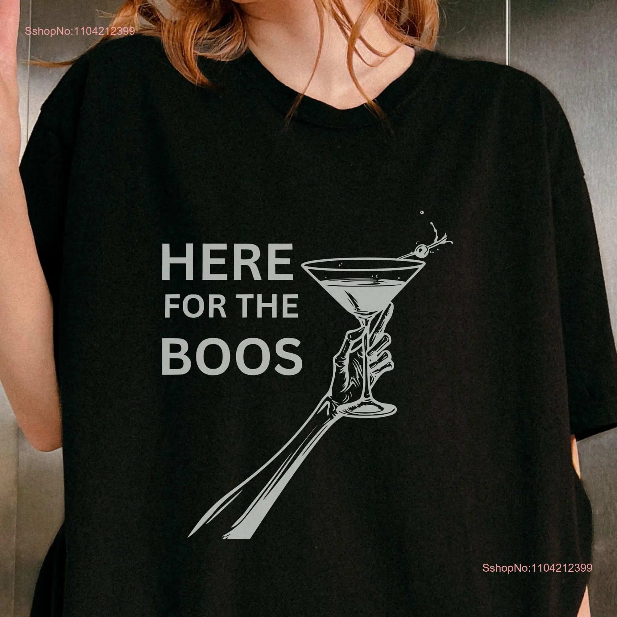 Here for the boos Funny Halloween T Shirt Sarcastic Spooky Party Skeleton Drinking long or short sleeves