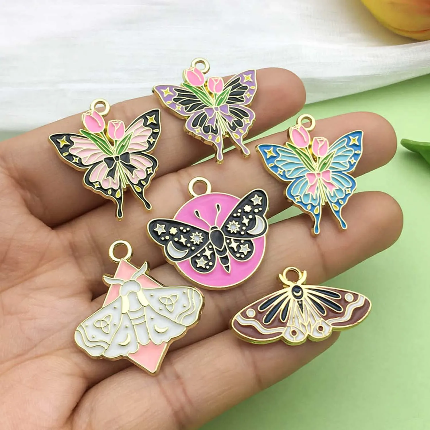 10/12pcs Enamel Colorful Halloween Charms Exquisite Pattern Moth Butterfly Design Pendants for DIY Jewelry Making Accessories