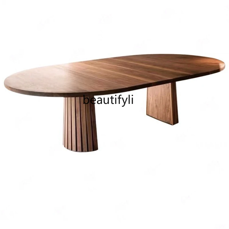 

Black Walnut High-End Creative Solid Wood Large Board Table Minimalist Nordic Log Ellipse Dining Table