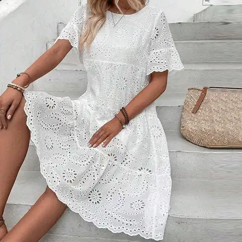 Women's Long Simple Casual Solid Hollow Out Pure Cotton Holiday Style High Waist Fashion Mid-Calf Summer Dresses NEW Vestidos