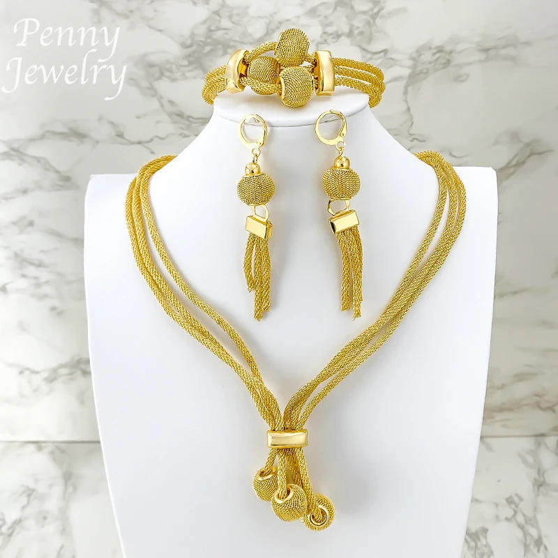 Ensemble de bijoux exquis pour femmes, usage quotidien, collier, boucles d'oreilles, Bracelet, bijoux plaqués or de dubaï, pour Banquet, fête, cadeau de mariage