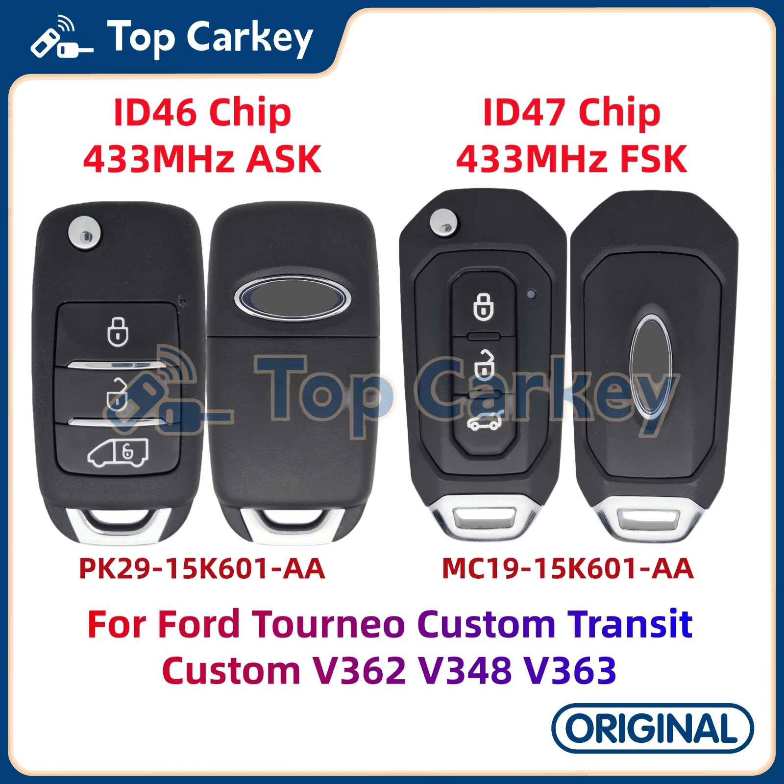 

Оригинальный откидной дистанционный ключ TopCarkey ID46 ID47 чип 433 МГц для Ford Tourneo Custom Transit Custom V362 V348 V363 с лезвием