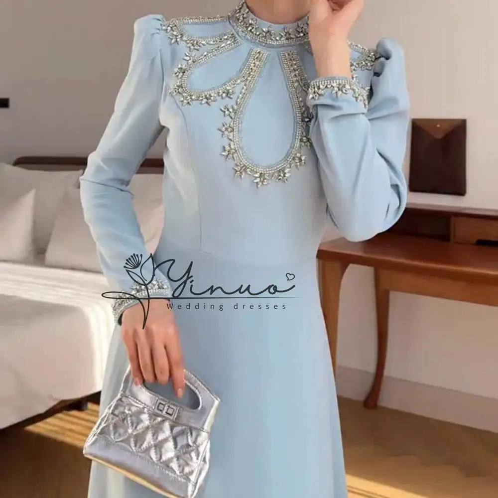 Maßgeschneiderte A-Linie-Abendkleider, bodenlang, Stehkragen, volle Ärmel, Abendkleid, modisches Kristall-einfaches drapiertes Partykleid