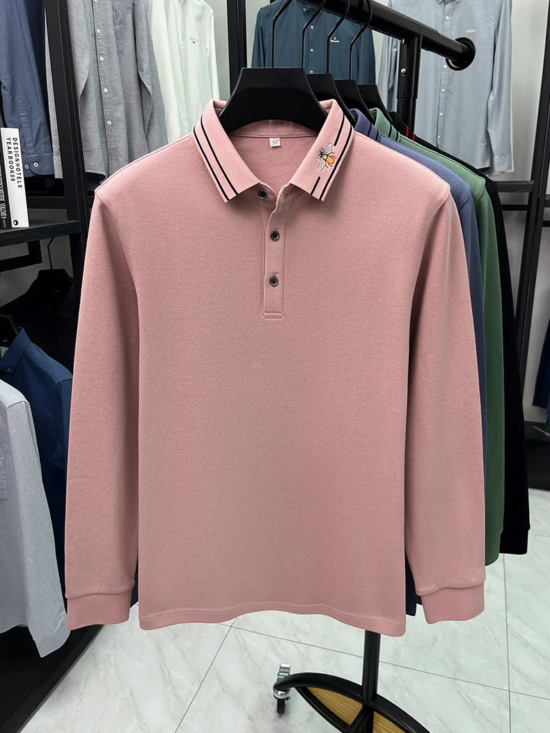 العلامة التجارية الفاخرة 100% قميص بولو قطني بكم طويل قميص الرجال الراحة ربيع الخريف موضة عادية النحل التطريز مخطط التلبيب تي شيرت #5