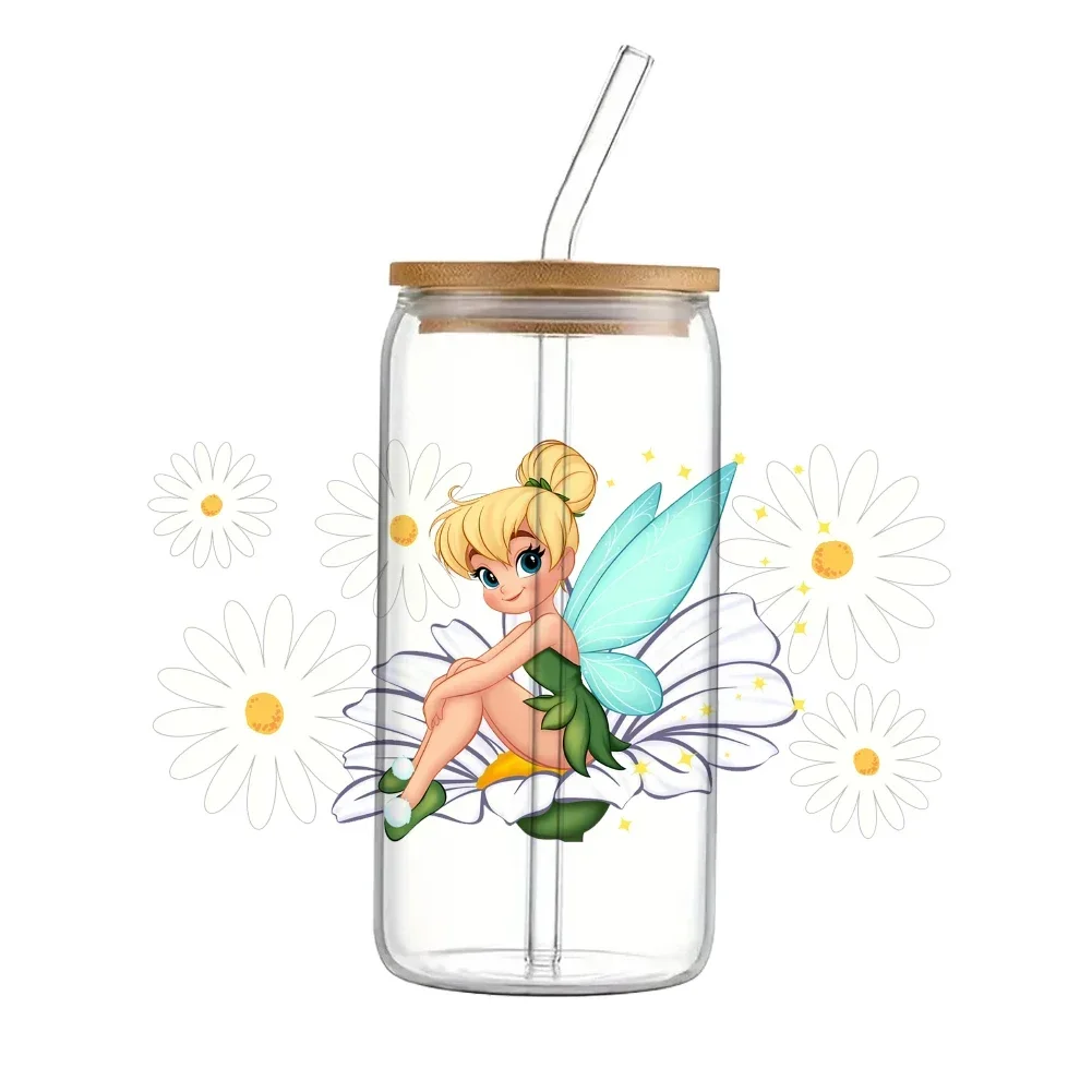 Disney princesa tinker bell 11x24cm uv dtf envolve adesivo de transferência diy para copo de vidro de 16oz decalques à prova dwaterproof água adesivo de copo de café