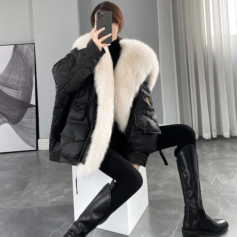 

New 2025 Women's Navy Collar Fur Coat Jaet Medium Length Fur Simulation down Cotton Outerwear Winter Faionable