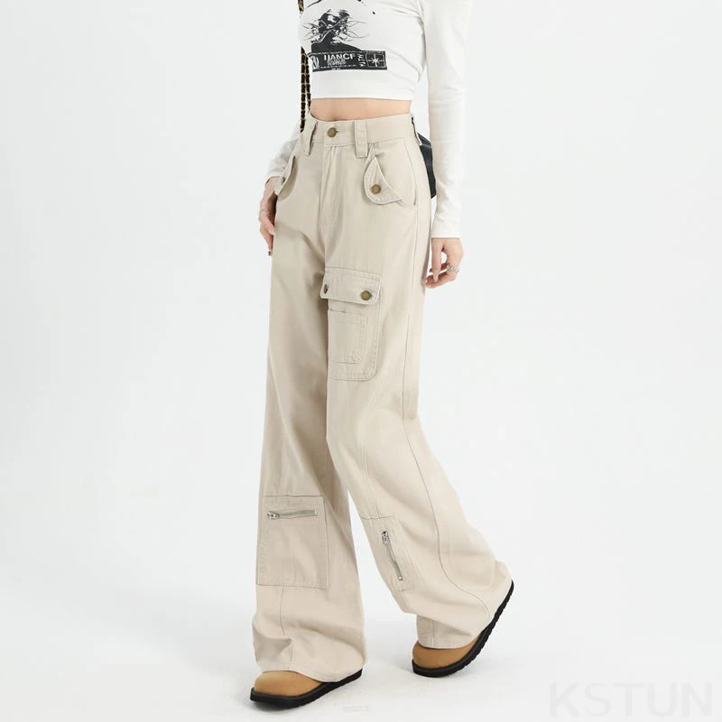 KSTUN Chique cargobroek met hoge taille en wijde pijpen, rechte bootcut-broek voor dames, meerdere keten American Street Sle Retro Design