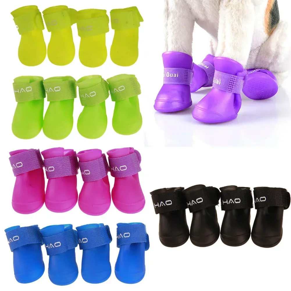 4pcs Soft Silicone Pet Rain Boots Anti-slip Wear-resistant Dog Rain Boots Jelly Color Outdoor Waterproof Shoes Pet Supplies