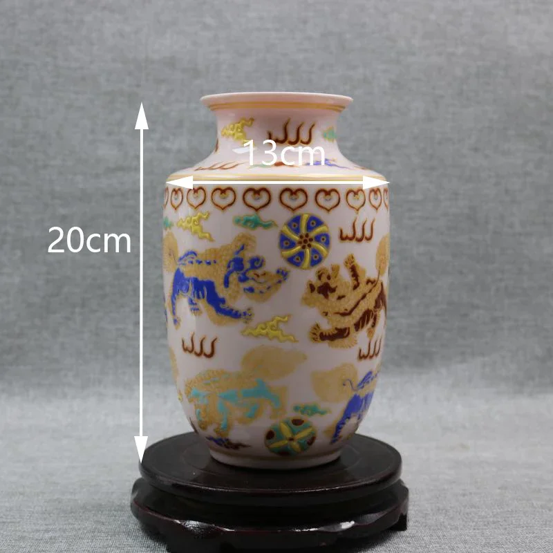 Florero pequeño de porcelana blanca y rosa, florero chino con diseño de León de China, arreglo de florero de mesa cilíndrico blanco de porcelana antigua