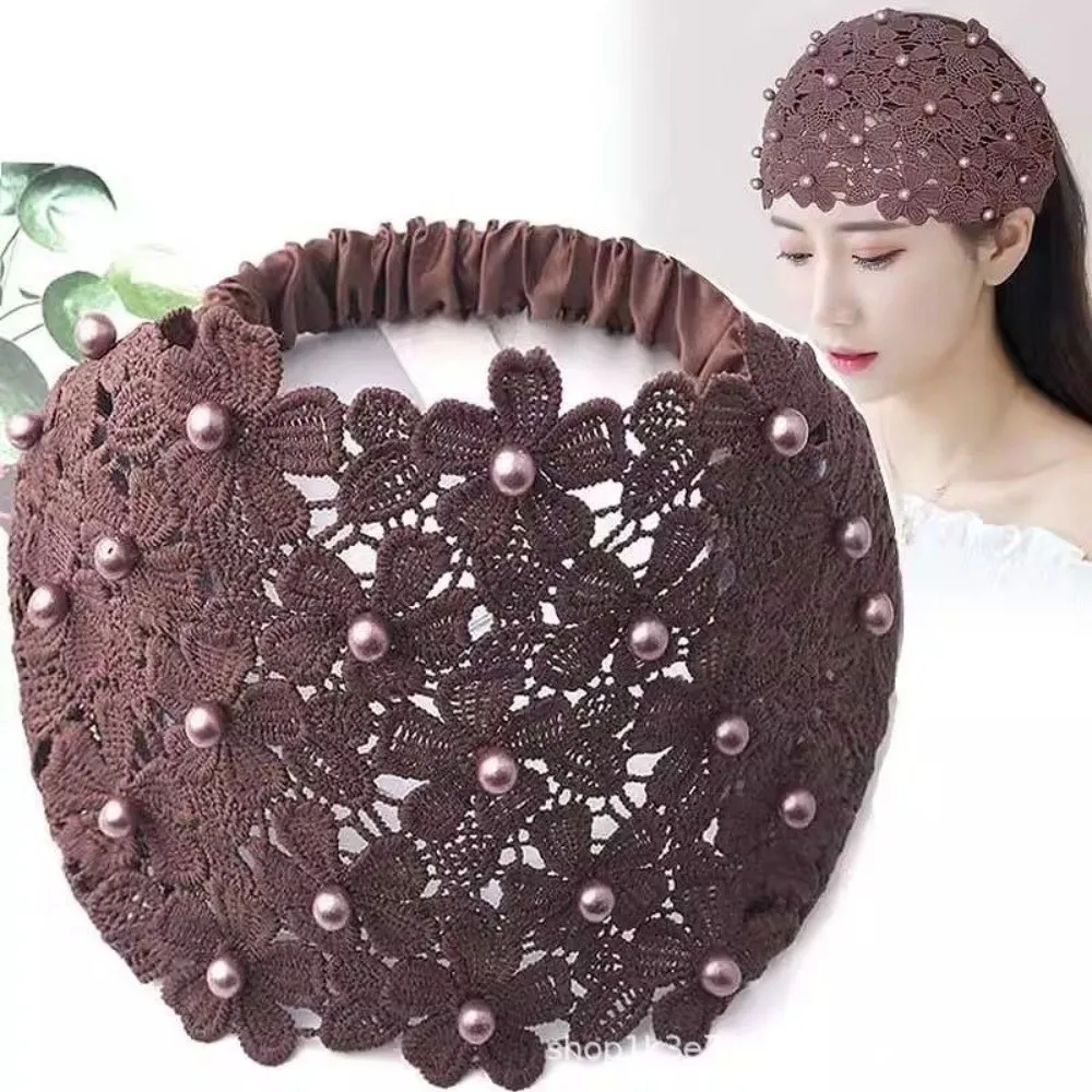 

Elegant Floral Lace Pearl Headband Hollow Non-slip Wide Hair Bands Bohemian Style Elastic Hair Hoop Hair Accessories