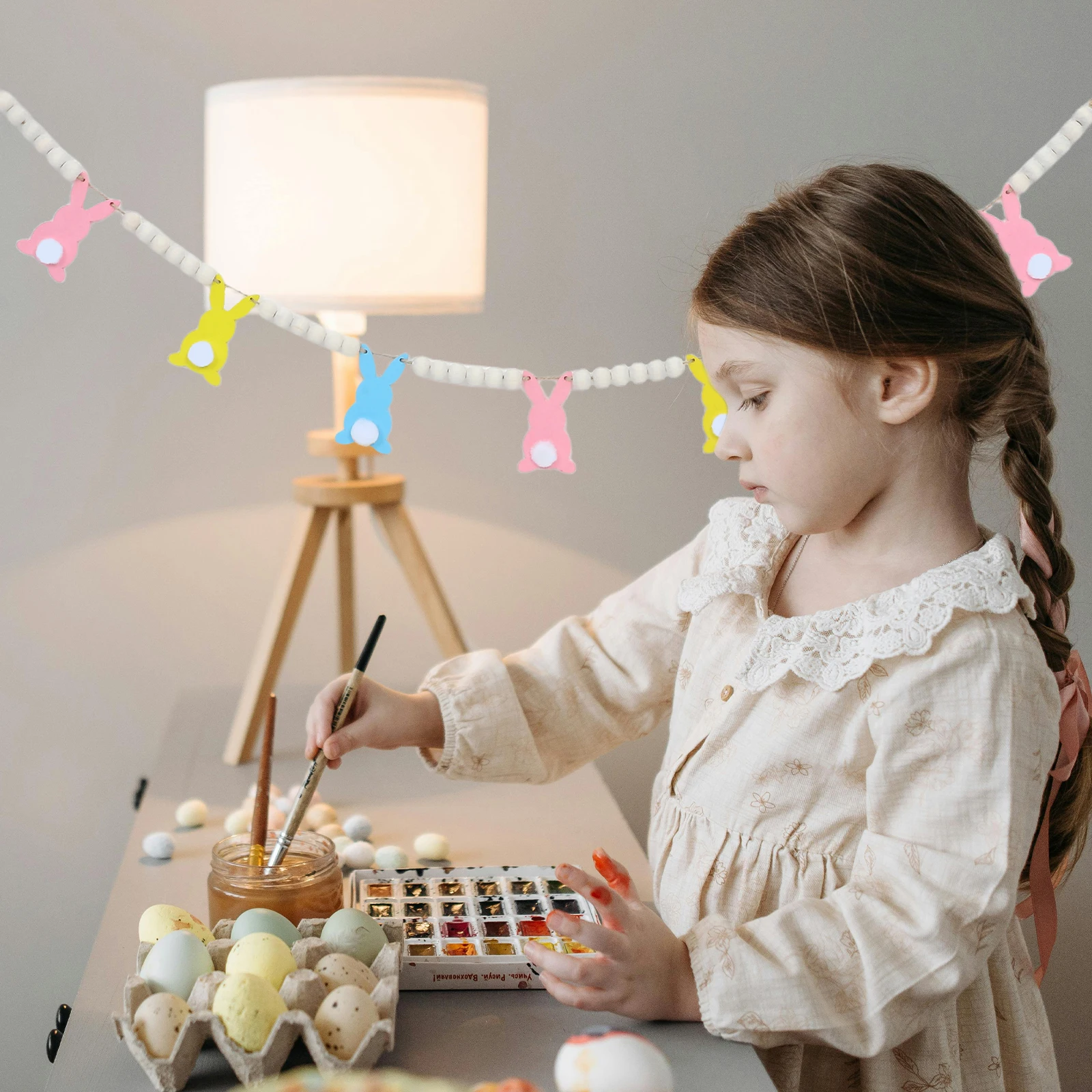 

Rabbit Beaded Banner Easter Day Wall Hanging Garden Decor Decorations Wood Cute Bunny Wooden Beads Garland Ceiling