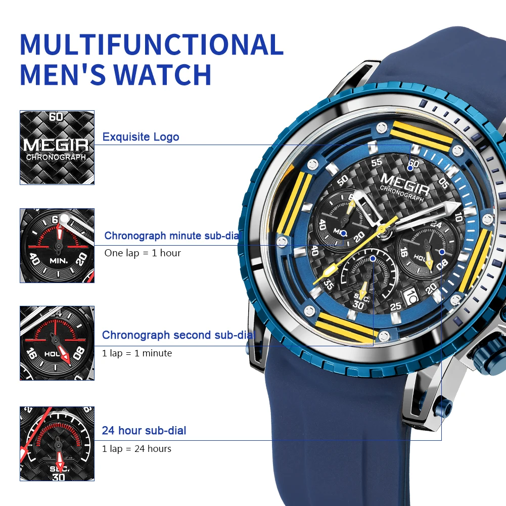 MEGIR Men\'s Sports Military Watches Fashion Luxury Quartz Wristwatch Silicone Strap Waterproof Chronograph Luminous Clock 2143