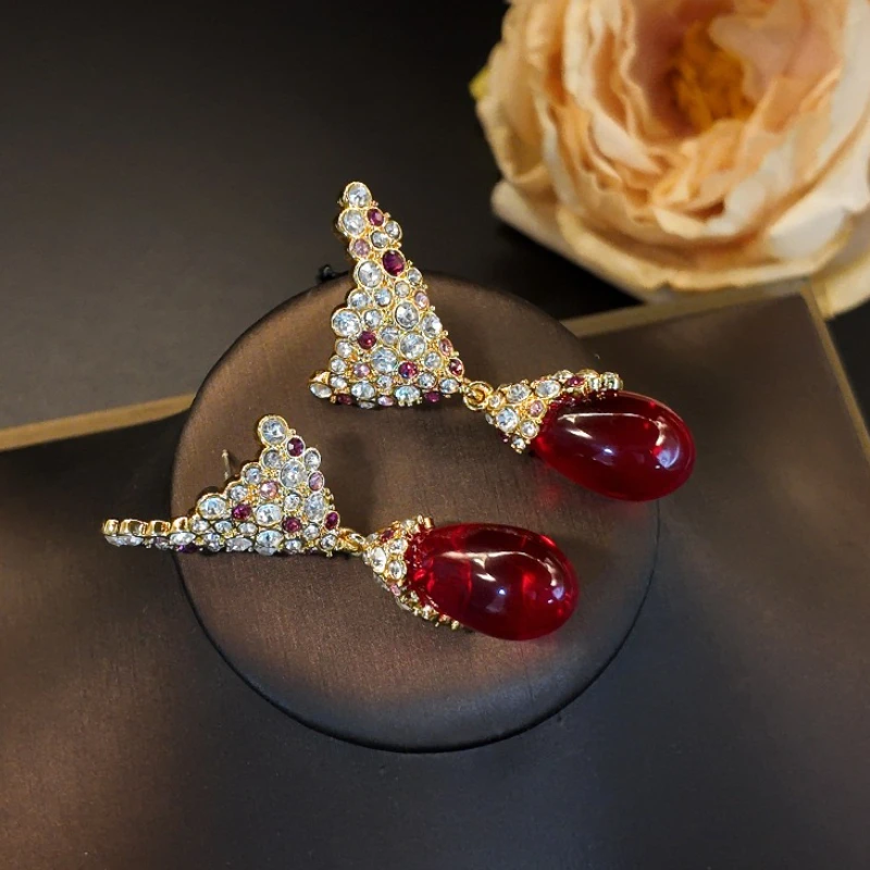 

2025 Fashion Luxury Women Wine Red Glaze Zircon 18k Gold Plated Dangle Earrings Set , Woman Ear Accessories Gift