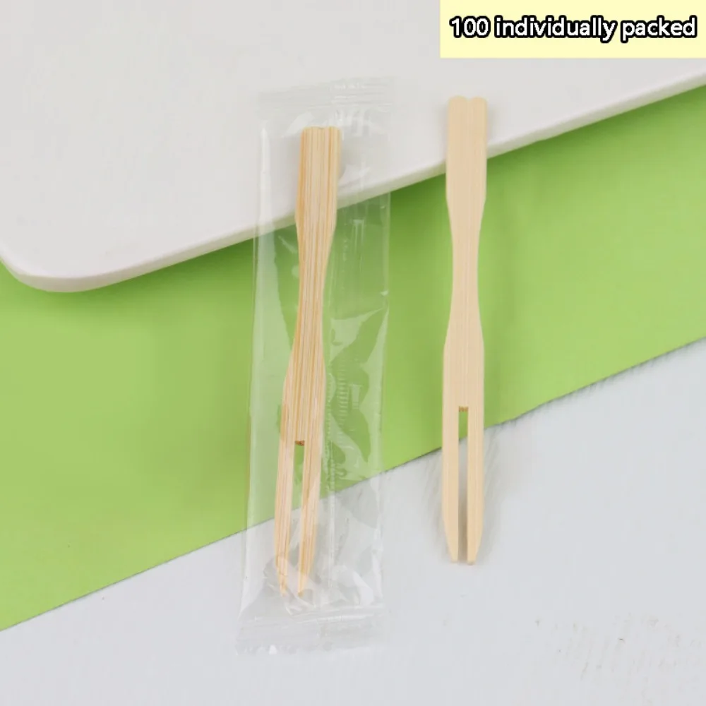 100Pcs Bamboo Appetizer Forks Disposable Mini Size Fruit Forks Individually Wrapped Fancy Toothpicks Dessert Cocktail Forks