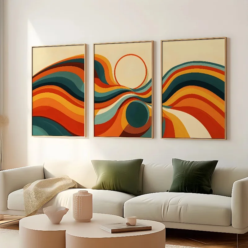 Set of 3, Three Piece Retro Abstract Wall Art, 1970s 1960s Vibes, Abstract Wave Art Print: Bold Reds, Yellows & Earthy Tones