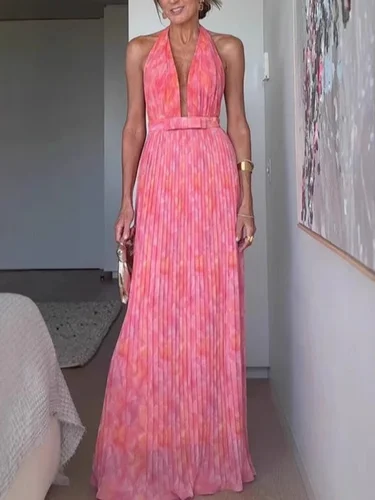 2025 moda de verano nuevo vestido elegante estampado para mujer con correa cuello colgante escote en V profundo Sexy estilo de vacaciones vestido largo acampanado