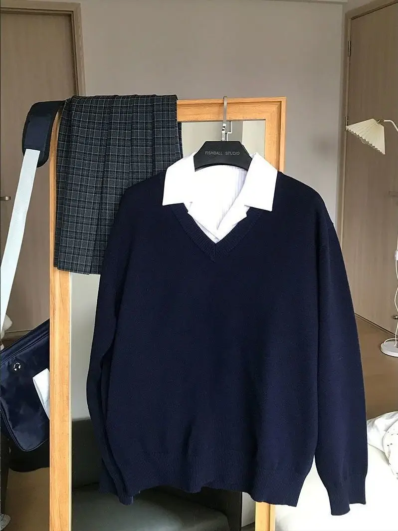 

Японский вязаный свитер Sle Long Sve V-Ne, женский осенний многослойный свитер для колледжа, универсальная верхняя одежда для поездок на работу