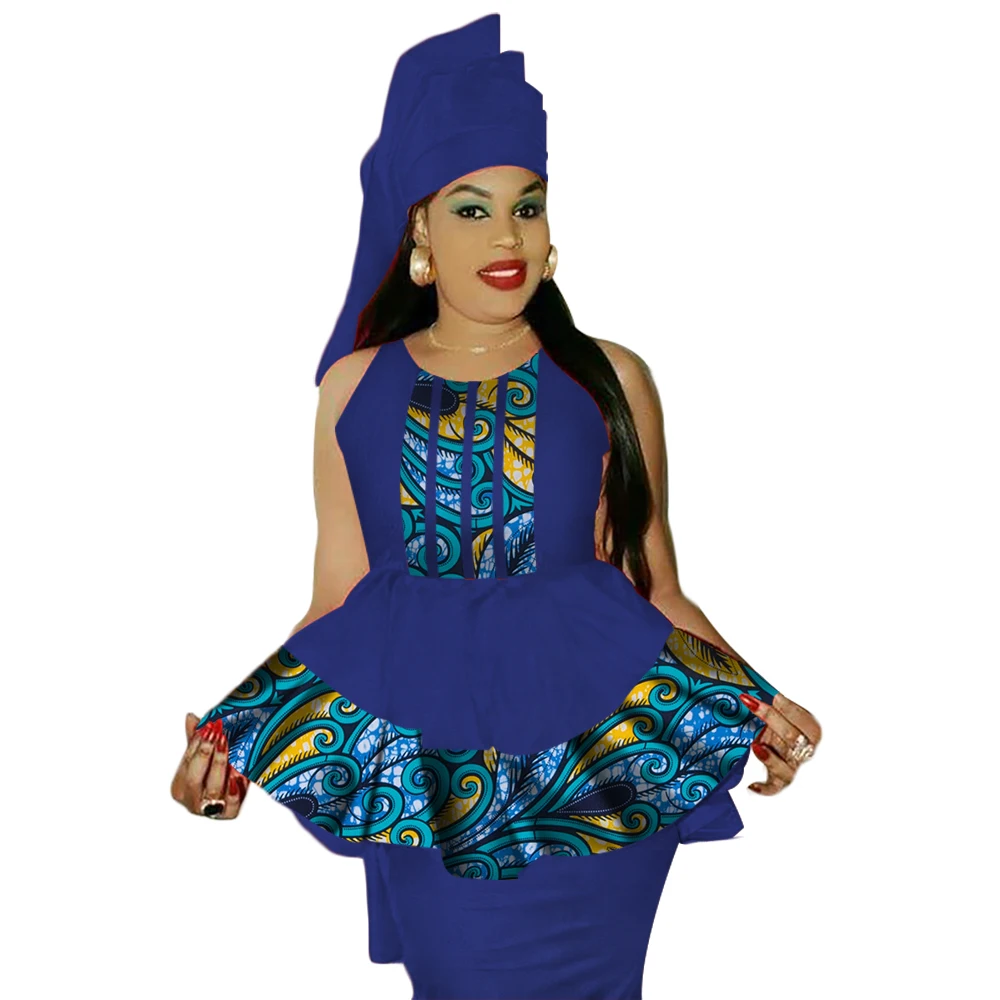 

African Traditional Dresses Set for Woman Sleeveless Tops and Skirt and Headscarf Africa Print Patchwork Skirts Set WY3039