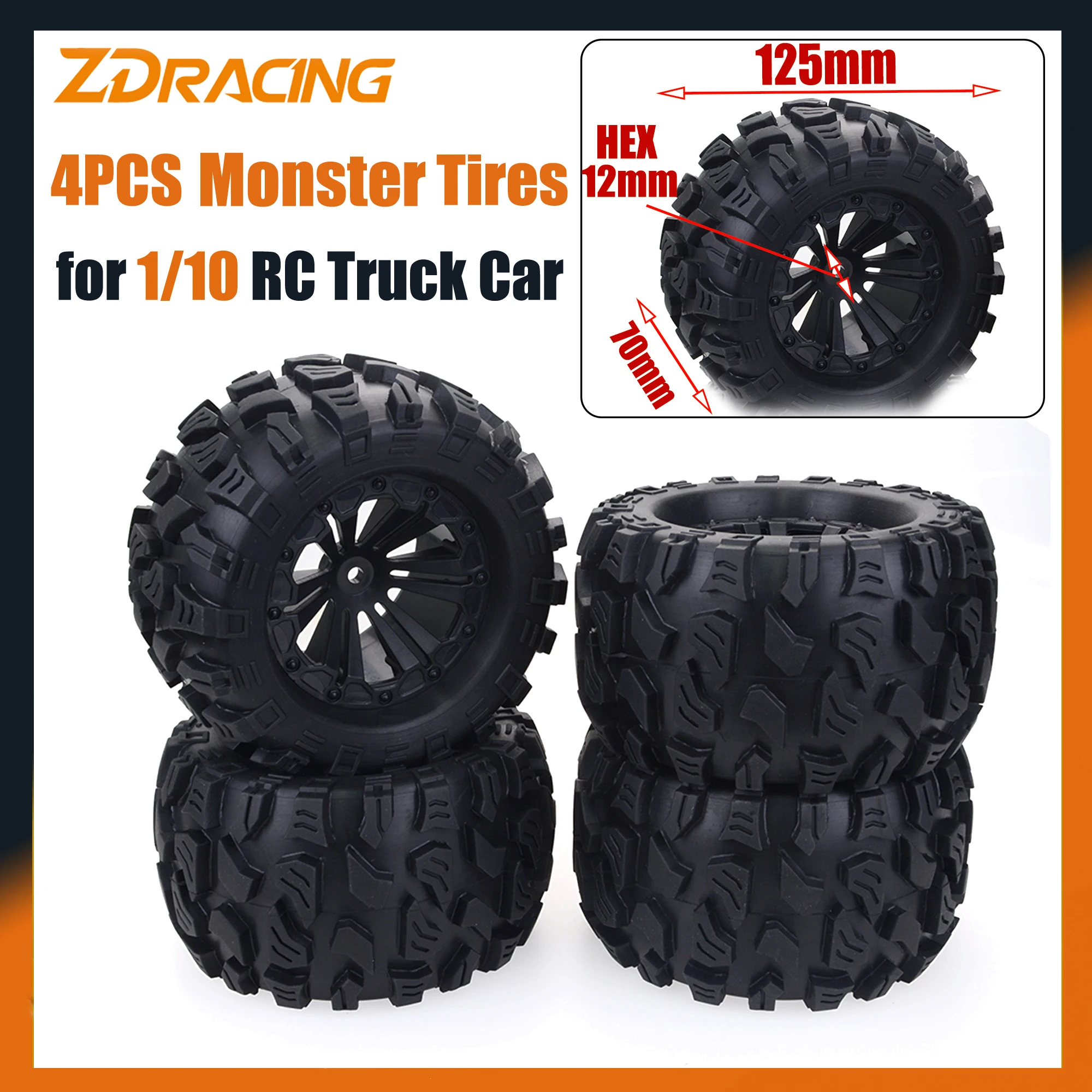 

4PCS ZD Racing 125mm 12mm Hex 1/10 Monster Truck Wheels Tires for RC Off-road Buggy Car HPI HSP Savage XS TM Flux LRP Part
