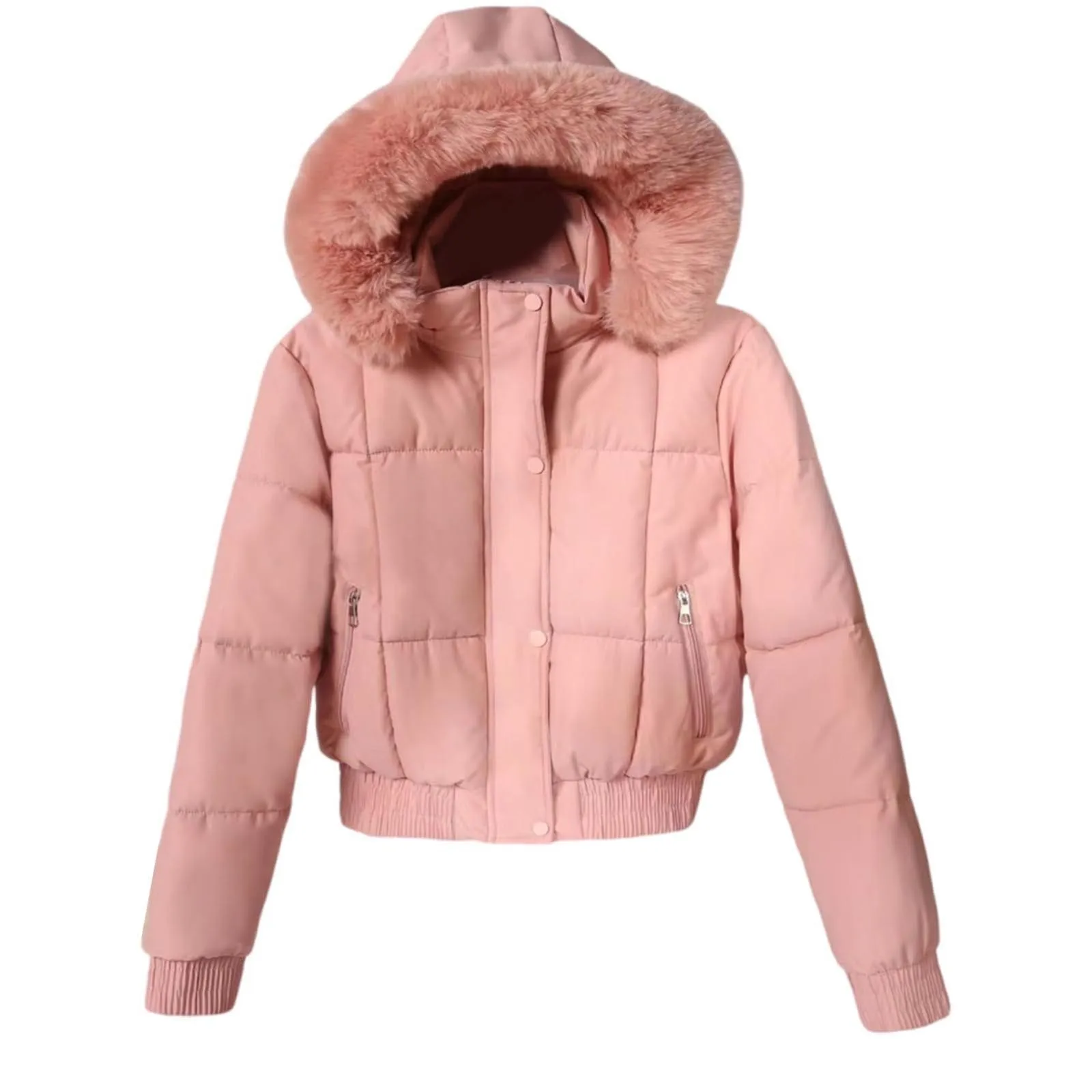 Women‘s Trendy Winter Warm Puffer Jackets Casual Crop Quilted Padded Loose Soft Hooded Coat Light Weight Long Sleeve Outerwear