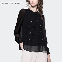 Fashion Sequined Black Chiffon Blouse Women Long Sleeve O-Neck Pull On Top Loose-fitting Casual Lightweight Spring Summer Tops