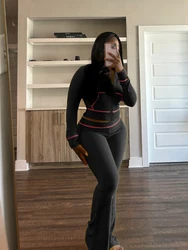 Waffle Striped Women Outfits Hooded Tops and Flare Pants Suits 2025 Fall Loungewear Street Baddies Tracksuit 2 Two Piece Set