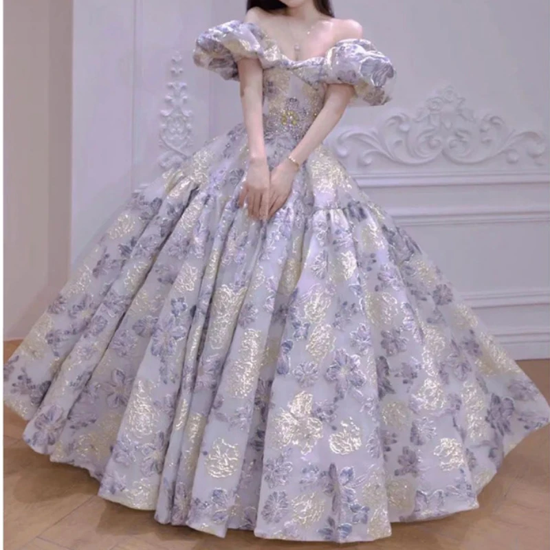 Customized Fairy Sexy Slash Neck Puff Sleeve High End Evening Dresses Exquisite Print Flower Design Popular Ball Gown Long A-lin